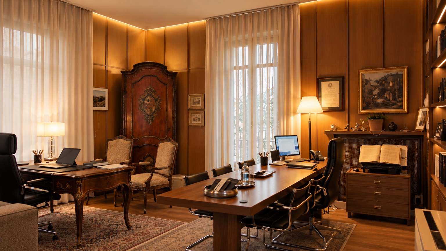 Sala riunioni dello Studio, con tavolo in legno e arredi storici